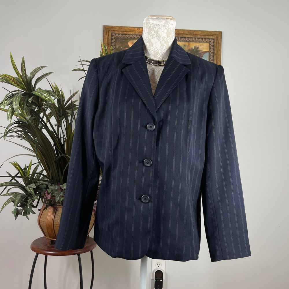Worthington Pinstripe Blazer Women 14P Navy Blue Polyester 3-Button Suit Jacket